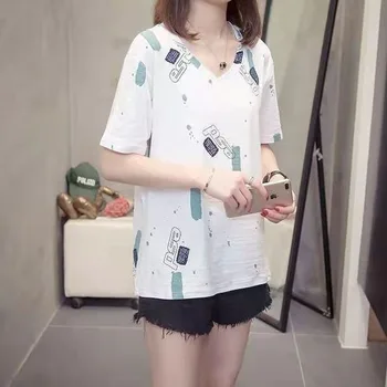 2021 Vasaros Naują Stilių Trumpo T Shirtloose Atsitiktinis Viršų Ins Banga Harajuku V Kaklo Lady Marškinėliai Y2k Korėjos Versija Spausdinimui Moterims